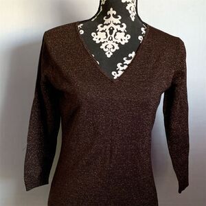 Metro 7‎ Women's Metallic Brown V-Neck Pullover Sweater Size L Long Sleeve